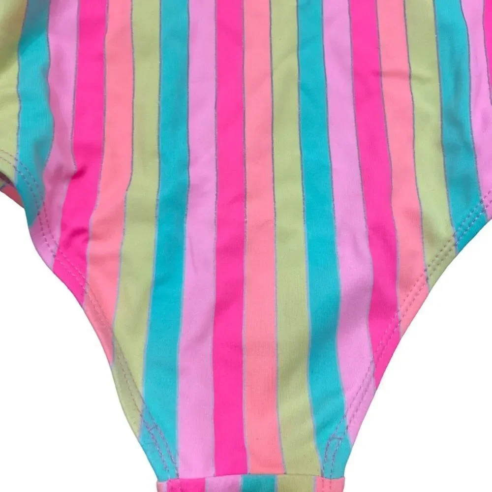 Girls Nicole Miller Striped Pom Pom Detail One‎ Piece Bathing Suit Size 6
